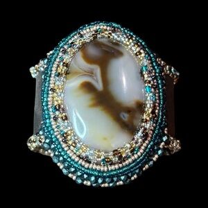 Botswana Agate Bead Embroidered Cuff Bracelet